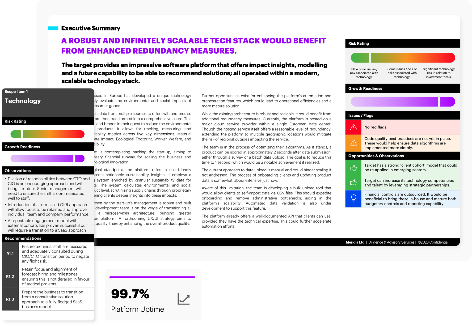 An example report from the Meridia system, covering a scope item and made up of a heading, sub heading, content, key observations, recommendations, a risk level and a readiness assessment.