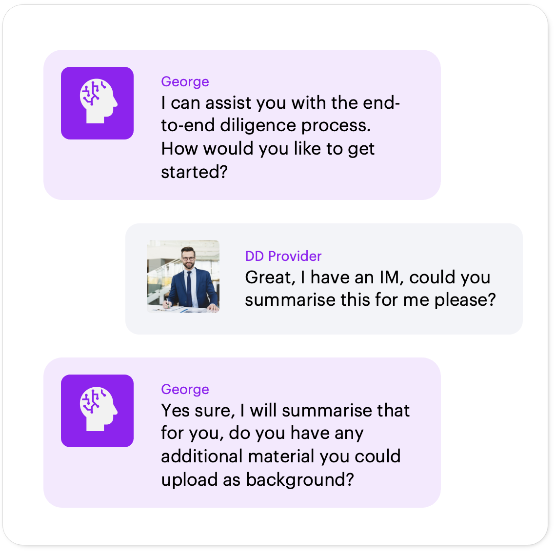 Have a conversation with George, our AI Due Diligence assistant bot.